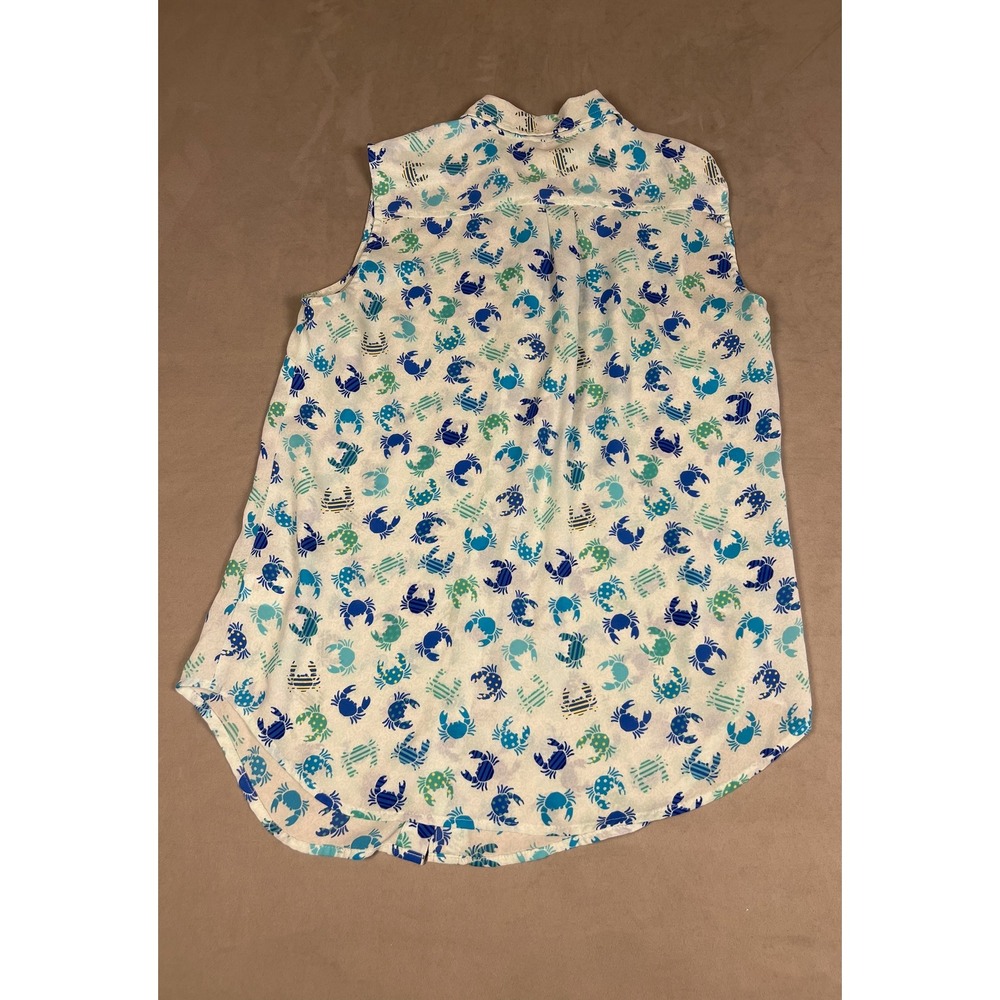 Talbots Womens Small White Blue Green Crab Print Sleeveless Button Down Shirt - Picture 2 of 3